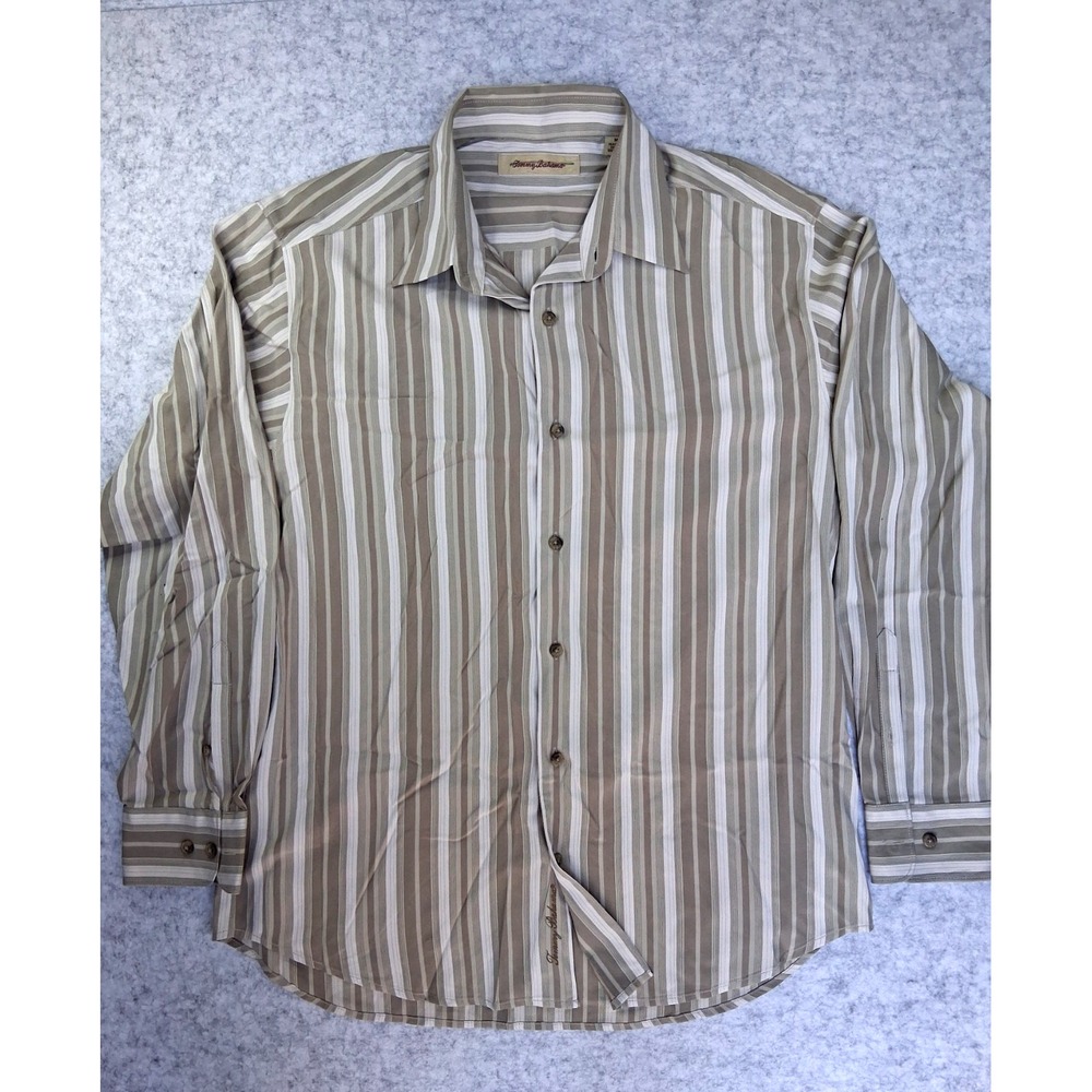 Tommy Bahama Men Beige Tan Medium Long Sleeve Silk Stripe Button Front